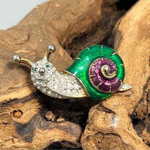VTG LP Green and Purple Gold Tone Enamel Pave Rhinestone Snail Brooch Pin